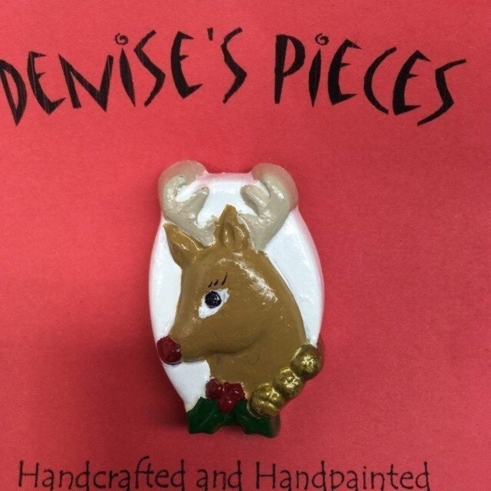 Christmas Pin Brooch Plaster Handcrafted Oval Red Nose Reindeer Rudolph Retro